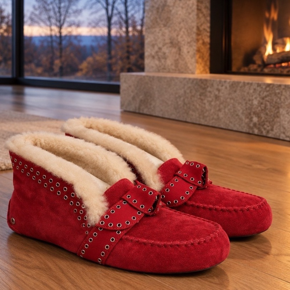 NWT UGG Poler Suede Shearling Slippers Red Studded Bow Boots Women's Size 9